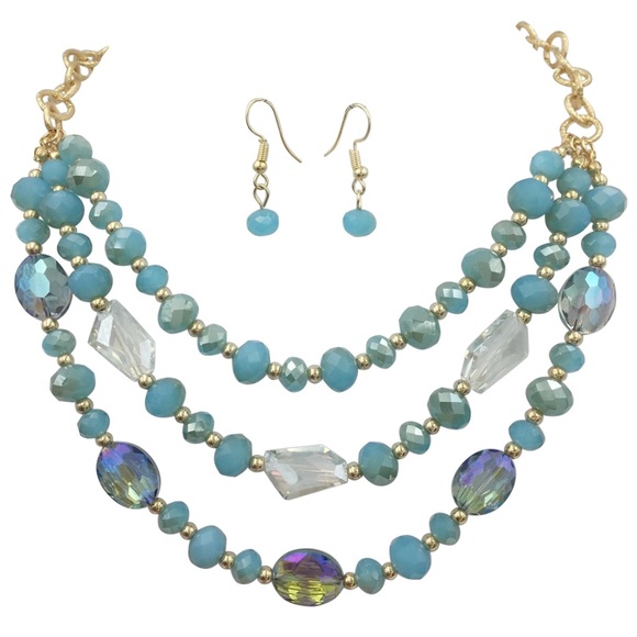 3 Row Blue Glass Beaded Necklace Earrings Set - Picture 1 of 3